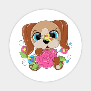 Funny dog with flowers in his hands Magnet